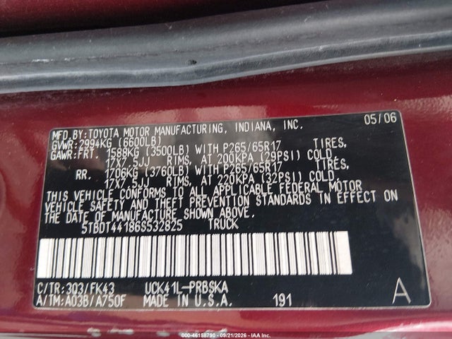 Продаж на аукціоні авто 2006 Toyota Tundra Sr5 V8, vin: 5TBDT44186S532825, номер лоту: 46158790