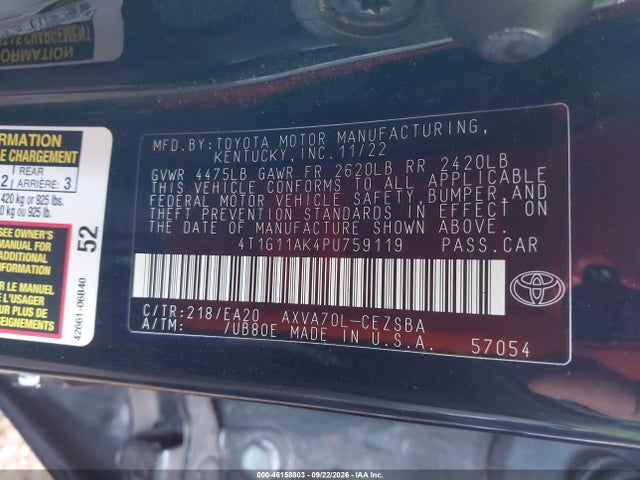 46158803 :رقم المزاد ، 4T1G11AK4PU759119 vin ، 2023 Toyota Camry Se مزاد بيع