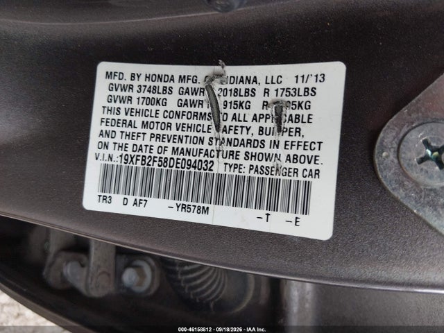 Продаж на аукціоні авто 2013 Honda Civic Lx, vin: 19XFB2F58DE094032, номер лоту: 46158812