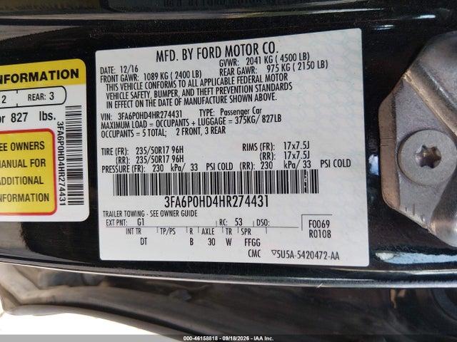 Ford FUSION SE 2017 3FA6P0HD4HR274431 Image 9