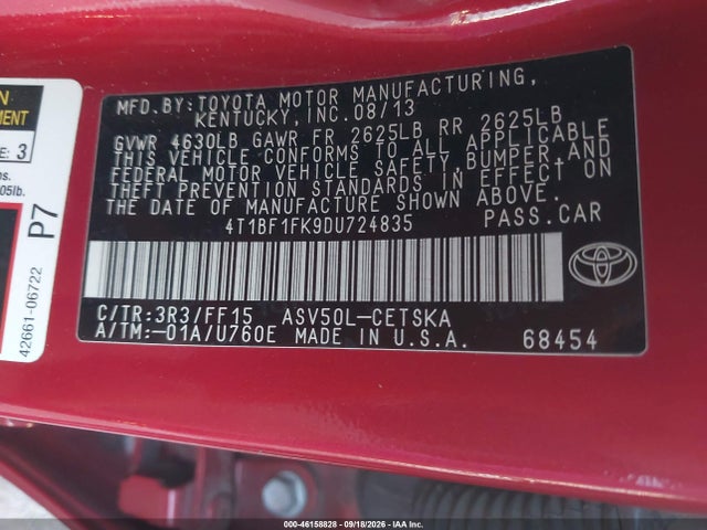 2013 Toyota Camry Se მანქანა იყიდება აუქციონზე, vin: 4T1BF1FK9DU724835, აუქციონის ნომერი: 46158828