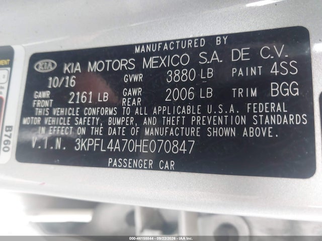 46158844 :رقم المزاد ، 3KPFL4A70HE070847 vin ، 2017 Kia Forte Lx/s مزاد بيع