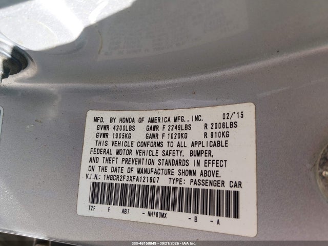 Продаж на аукціоні авто 2015 Honda Accord Lx, vin: 1HGCR2F3XFA121607, номер лоту: 46158849