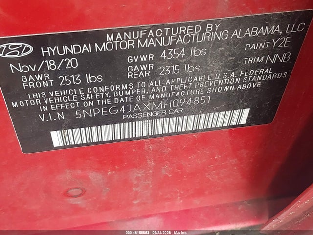 46158853 :رقم المزاد ، 5NPEG4JAXMH094851 vin ، 2021 Hyundai Sonata Se مزاد بيع