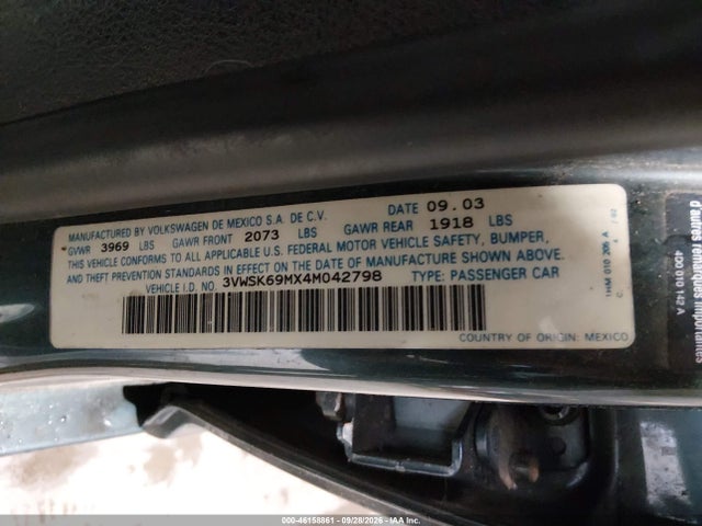 46158861 :رقم المزاد ، 3VWSK69MX4M042798 vin ، 2004 Volkswagen Jetta Gls 2.0l مزاد بيع