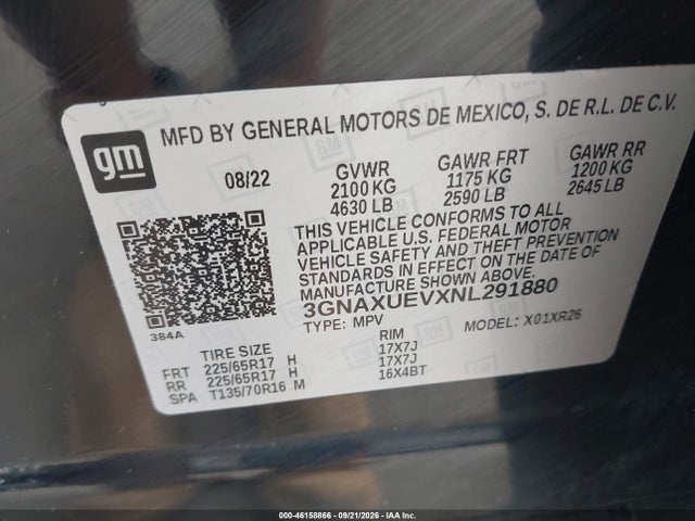 46158866 :رقم المزاد ، 3GNAXUEVXNL291880 vin ، 2022 Chevrolet Equinox Awd Lt مزاد بيع