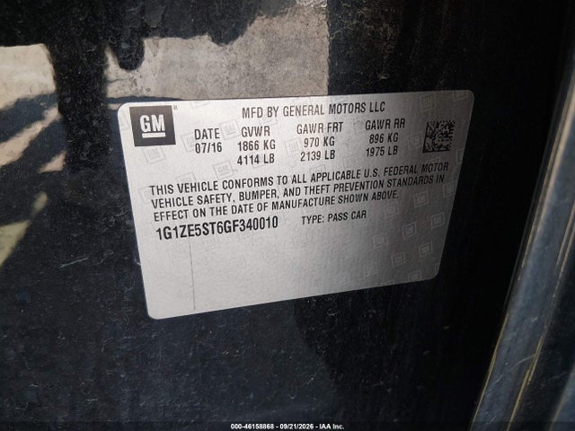 46158868 :رقم المزاد ، 1G1ZE5ST6GF340010 vin ، 2016 Chevrolet Malibu 1lt مزاد بيع
