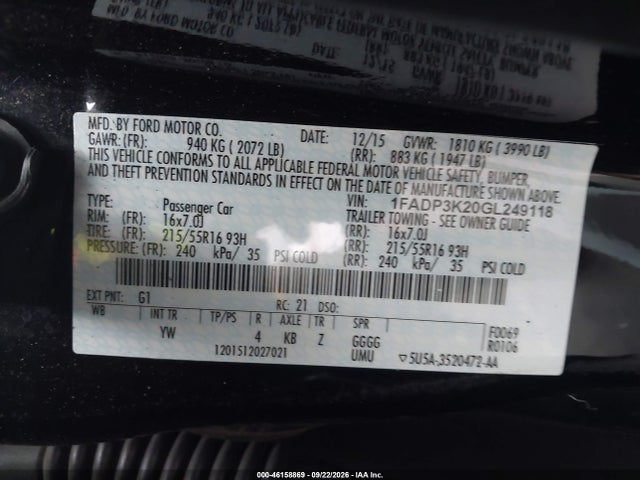 Продаж на аукціоні авто 2016 Ford Focus Se, vin: 1FADP3K20GL249118, номер лоту: 46158869