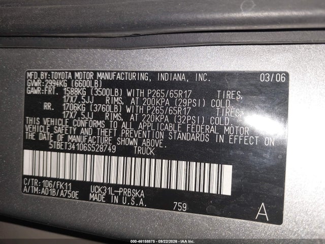Aukcja sprzedaży 2006 Toyota Tundra Sr5 V8, vin: 5TBET34106S528749, numer aukcji: 46158875