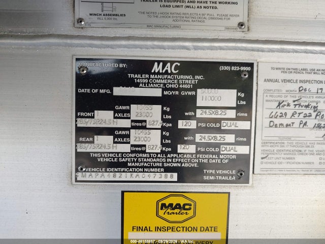 2019 Mac Trailer Mfg Trailer მანქანა იყიდება აუქციონზე, vin: 5MAPA4821KA047388, აუქციონის ნომერი: 46158887