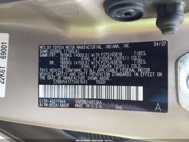 Продажа на аукционе авто 2007 Toyota Tundra Sr5 5.7l V8, vin: 5TBBV54177S461643, номер лота: 46158908