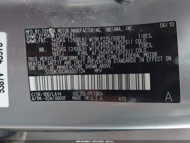 2011 Toyota Sienna Limited მანქანა იყიდება აუქციონზე, vin: 5TDDK3DC8BS007134, აუქციონის ნომერი: 46158913