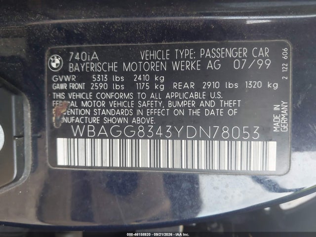 Aukcja sprzedaży 2000 Bmw 740ia, vin: WBAGG8343YDN78053, numer aukcji: 46158920