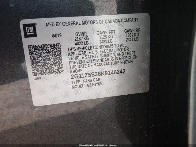 Aukcja sprzedaży 2019 Chevrolet Impala Lt, vin: 2G11Z5S36K9146242, numer aukcji: 46158922