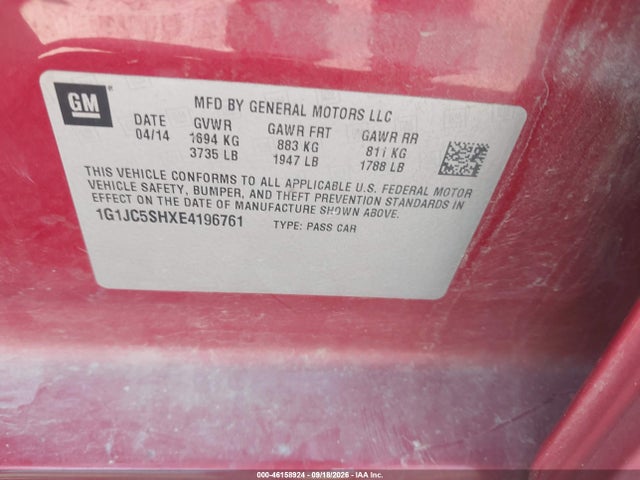 46158924 :رقم المزاد ، 1G1JC5SHXE4196761 vin ، 2014 Chevrolet Sonic Lt Auto مزاد بيع