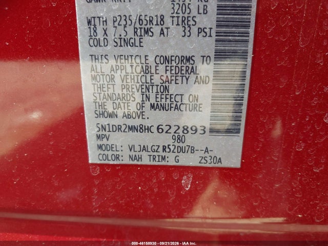 46158930 :رقم المزاد ، 5N1DR2MN8HC622893 vin ، 2017 Nissan Pathfinder Sl مزاد بيع