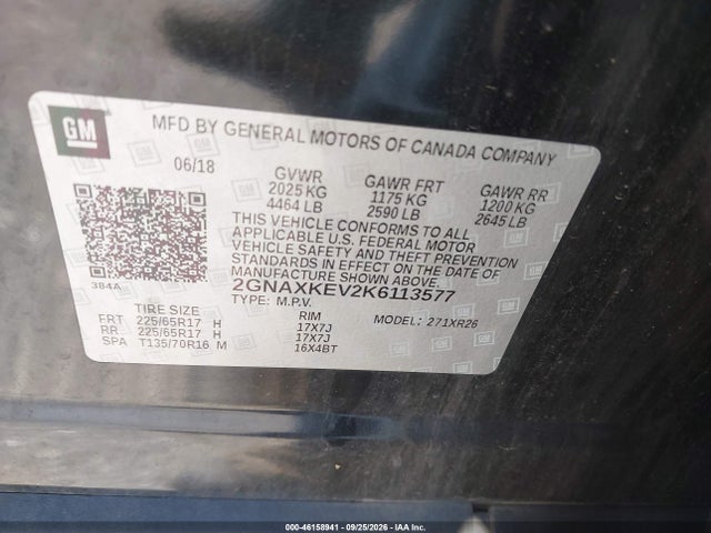 Aukcja sprzedaży 2019 Chevrolet Equinox Lt, vin: 2GNAXKEV2K6113577, numer aukcji: 46158941