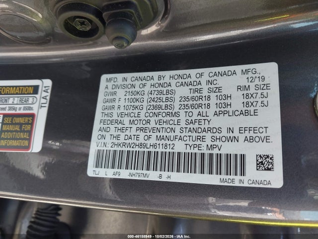Продаж на аукціоні авто 2020 Honda Cr-v Awd Ex-l, vin: 2HKRW2H89LH611812, номер лоту: 46158949
