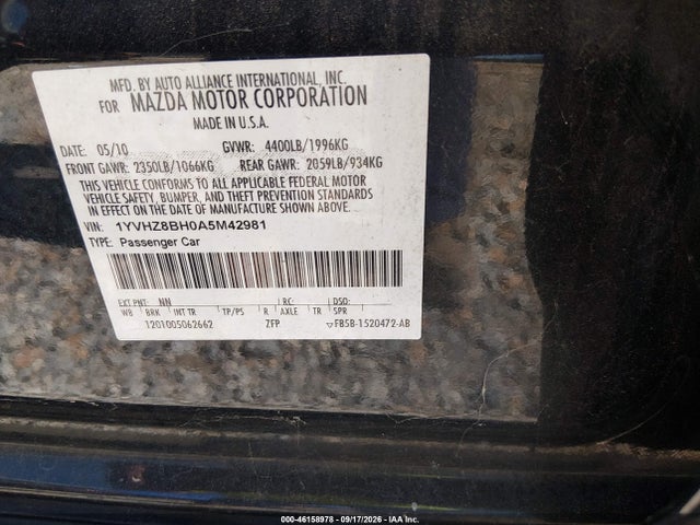 Продаж на аукціоні авто 2010 Mazda Mazda6 I Sport, vin: 1YVHZ8BH0A5M42981, номер лоту: 46158978