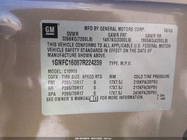 46158979 :رقم المزاد ، 1GNFC16087R224239 vin ، 2007 Chevrolet Suburban 1500 Lt مزاد بيع