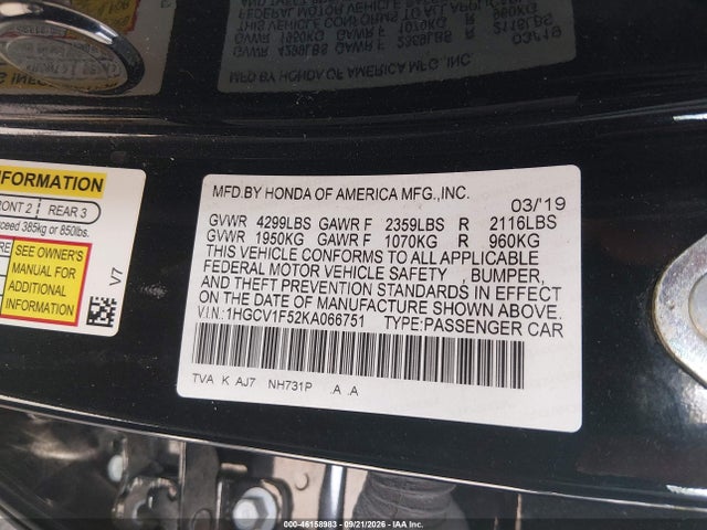 Aukcja sprzedaży 2019 Honda Accord Ex-l, vin: 1HGCV1F52KA066751, numer aukcji: 46158983