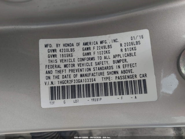 Aukcja sprzedaży 2016 Honda Accord Lx, vin: 1HGCR2F33GA103354, numer aukcji: 46158998