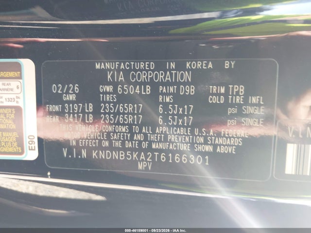 Aukcja sprzedaży 2026 Kia Carnival Mpv Hybrid Lxs, vin: KNDNB5KA2T6166301, numer aukcji: 46159001
