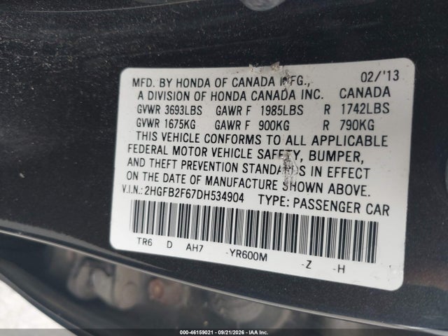 Продажа на аукционе авто 2013 Honda Civic Hf, vin: 2HGFB2F67DH534904, номер лота: 46159021