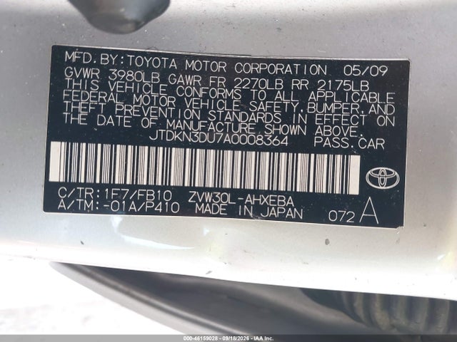 46159028 :رقم المزاد ، JTDKN3DU7A0008364 vin ، 2010 Toyota Prius Ii مزاد بيع