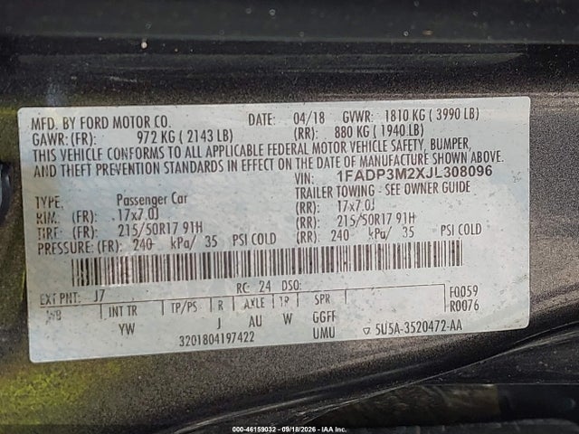 46159032 :رقم المزاد ، 1FADP3M2XJL308096 vin ، 2018 Ford Focus Sel مزاد بيع