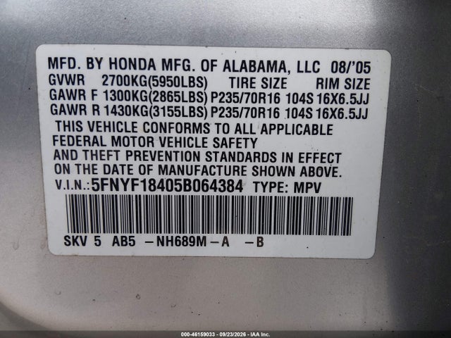 Продажа на аукционе авто 2005 Honda Pilot Ex, vin: 5FNYF18405B064384, номер лота: 46159033