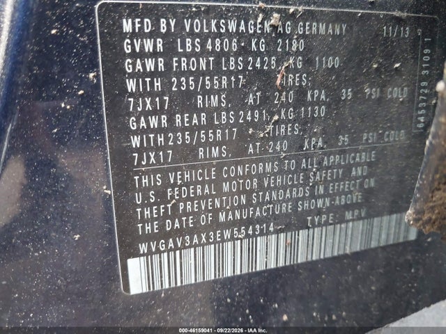 2014 Volkswagen Tiguan Se მანქანა იყიდება აუქციონზე, vin: WVGAV3AX3EW554314, აუქციონის ნომერი: 46159041