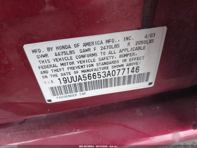 Aukcja sprzedaży 2003 Acura Tl 3.2, vin: 19UUA56653A077146, numer aukcji: 46159054