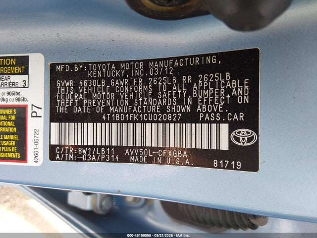Продаж на аукціоні авто 2012 Toyota Camry Hybrid Xle, vin: 4T1BD1FK1CU020827, номер лоту: 46159055