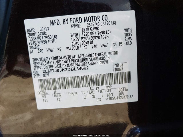Продажа на аукционе авто 2013 Lincoln Mkx, vin: 2LMDJ8JK2DBL34662, номер лота: 46159059