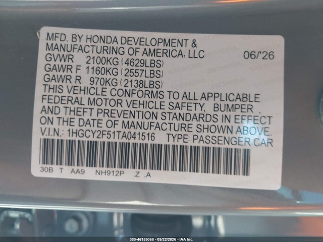 46159068 :رقم المزاد ، 1HGCY2F51TA041516 vin ، 2026 Honda Accord Hybrid Sport مزاد بيع