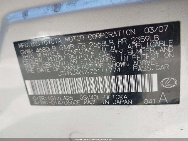 Aukcja sprzedaży 2007 Lexus Es 350, vin: JTHBJ46G972111774, numer aukcji: 46159082