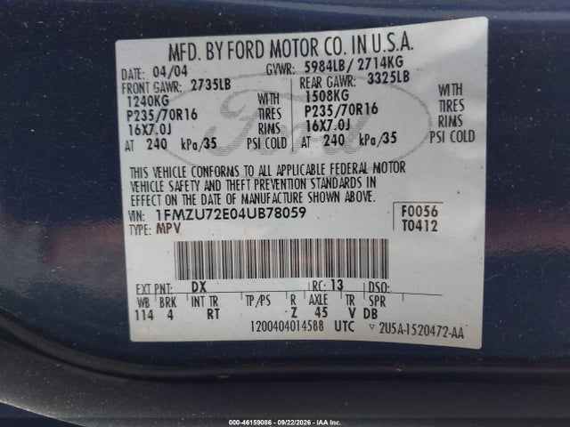 Aukcja sprzedaży 2004 Ford Explorer Xls, vin: 1FMZU72E04UB78059, numer aukcji: 46159086