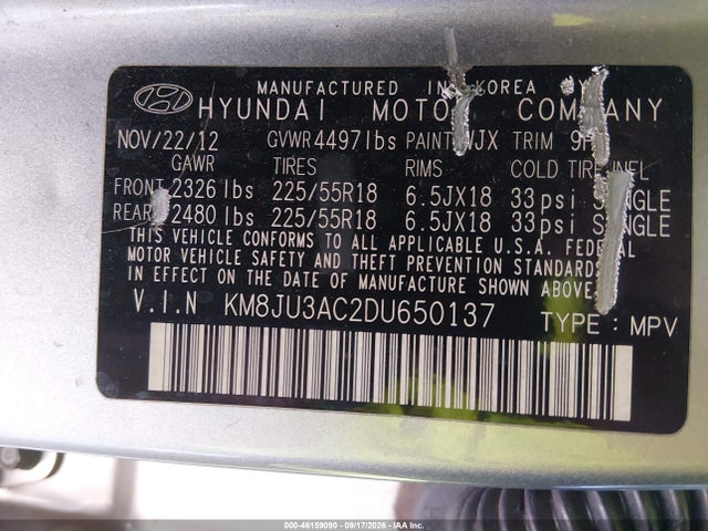 46159090 :رقم المزاد ، KM8JU3AC2DU650137 vin ، 2013 Hyundai Tucson Limited مزاد بيع