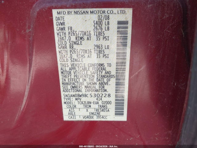 Продаж на аукціоні авто 2008 Nissan Xterra S, vin: 5N1AN08W98C530228, номер лоту: 46159093