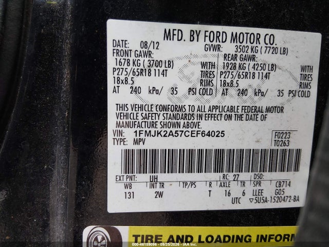 Продаж на аукціоні авто 2012 Ford Expedition El Limited, vin: 1FMJK2A57CEF64025, номер лоту: 46159096