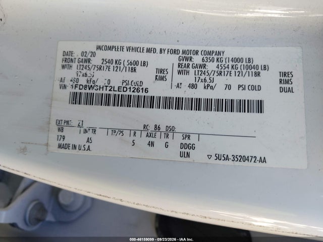 46159099 :رقم المزاد ، 1FD8W3HT2LED12616 vin ، 2020 Ford F-350 Chasis Xl مزاد بيع