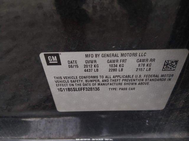 46159100 :رقم المزاد ، 1G11B5SL6FF328136 vin ، 2015 Chevrolet Malibu Ls مزاد بيع