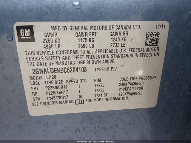2012 Chevrolet Equinox 1lt მანქანა იყიდება აუქციონზე, vin: 2GNALDEK9C6204103, აუქციონის ნომერი: 46159107