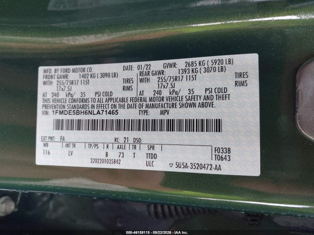 Продаж на аукціоні авто 2022 Ford Bronco Big Bend, vin: 1FMDE5BH6NLA71465, номер лоту: 46159115