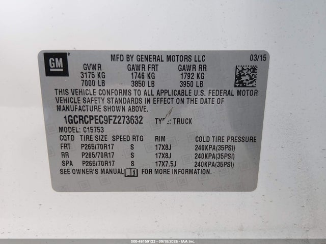 1GCRCPEC9FZ273632 Chevrolet Silverado 1500 Wt