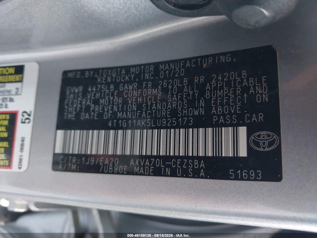 Toyota CAMRY SE 2020 4T1G11AK5LU925173 Image 9