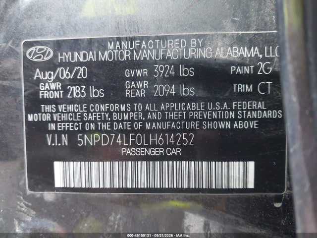 Aukcja sprzedaży 2020 Hyundai Elantra Se, vin: 5NPD74LF0LH614252, numer aukcji: 46159131