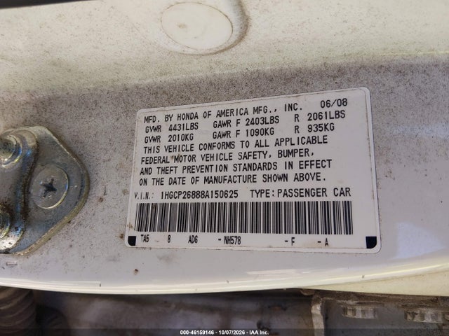 Продаж на аукціоні авто 2008 Honda Accord 2.4 Ex-l, vin: 1HGCP26888A150625, номер лоту: 46159146