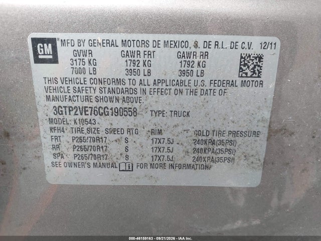 2012 Gmc Sierra 1500 Sle მანქანა იყიდება აუქციონზე, vin: 3GTP2VE76CG190558, აუქციონის ნომერი: 46159163